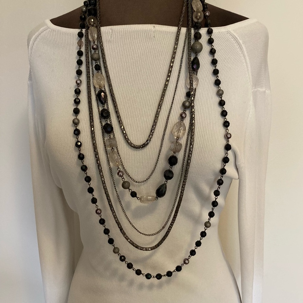 Vintage long black multi strand tiered costume necklace.